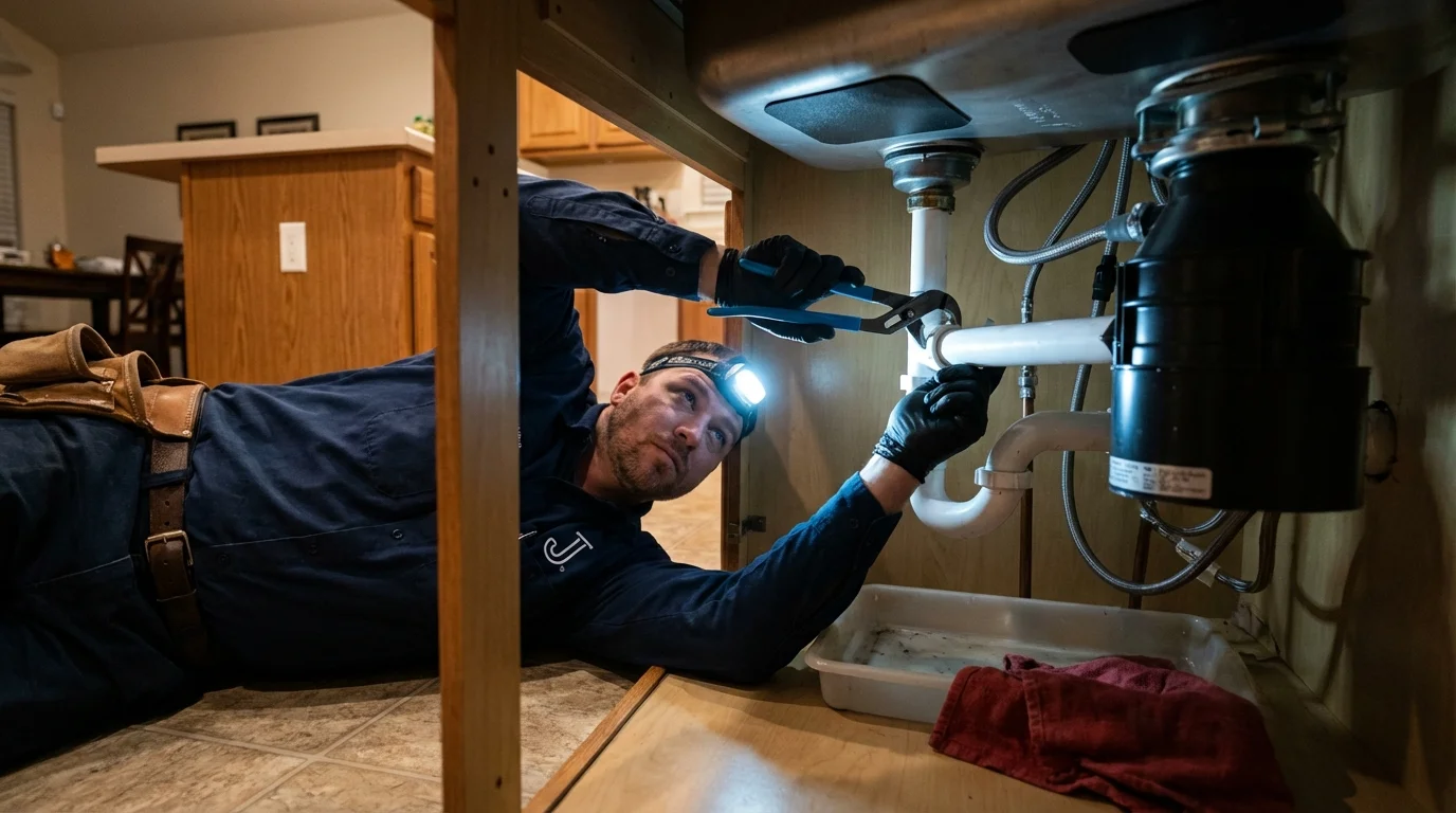 P-trap and supply line connections under a kitchen sink showing a common leak point in Murrells Inlet, SC